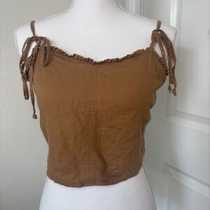 Aerie Brown Linen Blend Smocked Back Tie Shoulder Ruffle Crop Top Camisole L